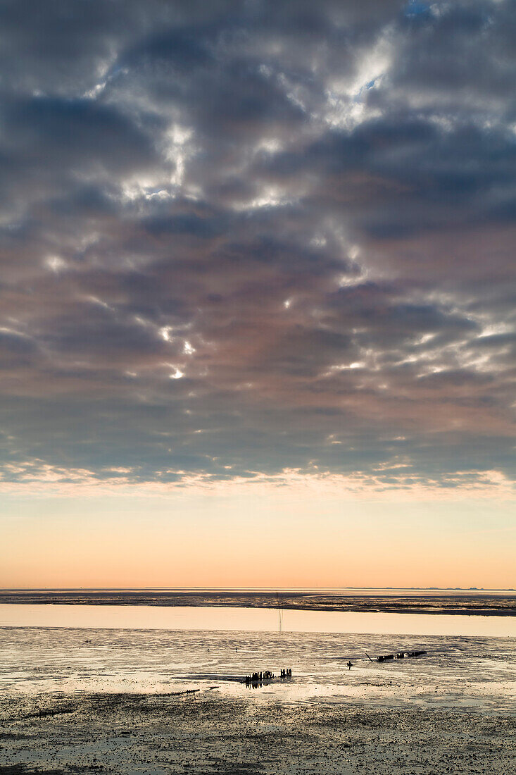 Wolkenhimmel über Wattenmeer, Steenodde, Amrum, Nordfriesische Inseln, Nordfriesland, Schleswig-Holstein, Deutschland