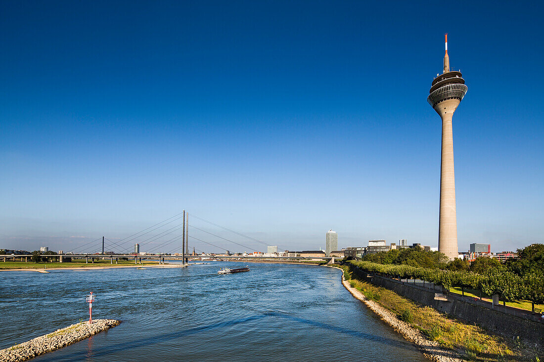River Rhine and television tower, Duesseldorf, North Rhine Westphalia, Germany