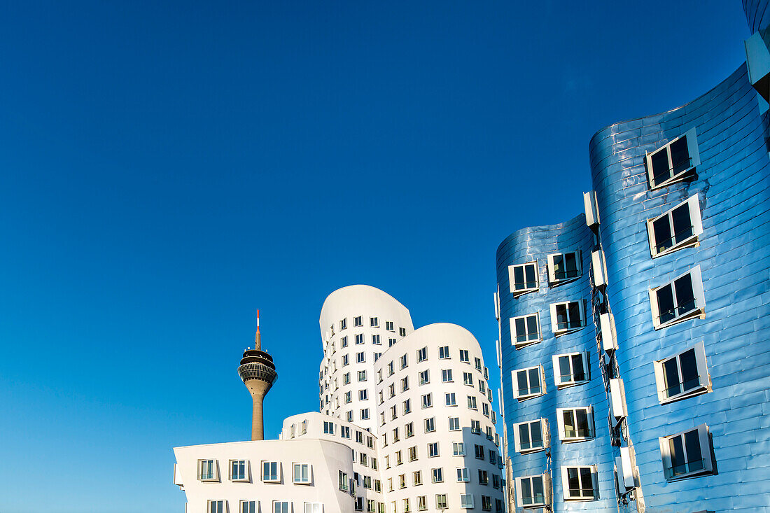 Modern buildings and television tower, Neuer Zollhof, Media harbour, Duesseldorf, North Rhine Westphalia, Germany