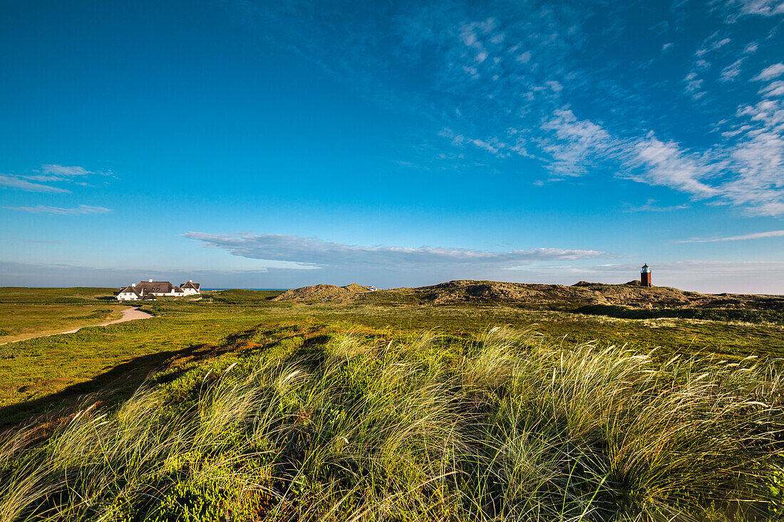 Thatched house and old lighthouse, Kampen, Sylt Island, North Frisian Islands, Schleswig-Holstein, Germany