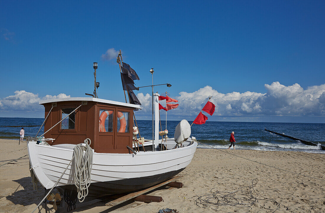 Fishing boat on the beach near Koserow, Usedom, Baltic Sea coast, Mecklenburg Western Pomerania, Germany