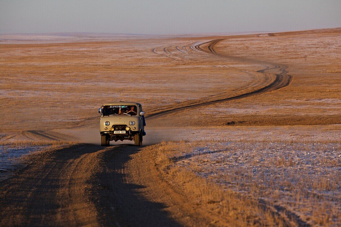 UAZ bus in the Mongolian Steppe in Winter, Mongolia