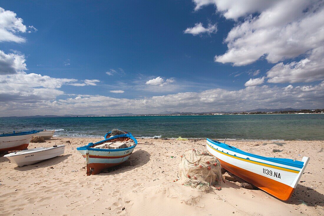 Tunisia, Cap Bon, Hammamet, fishing boats on beach