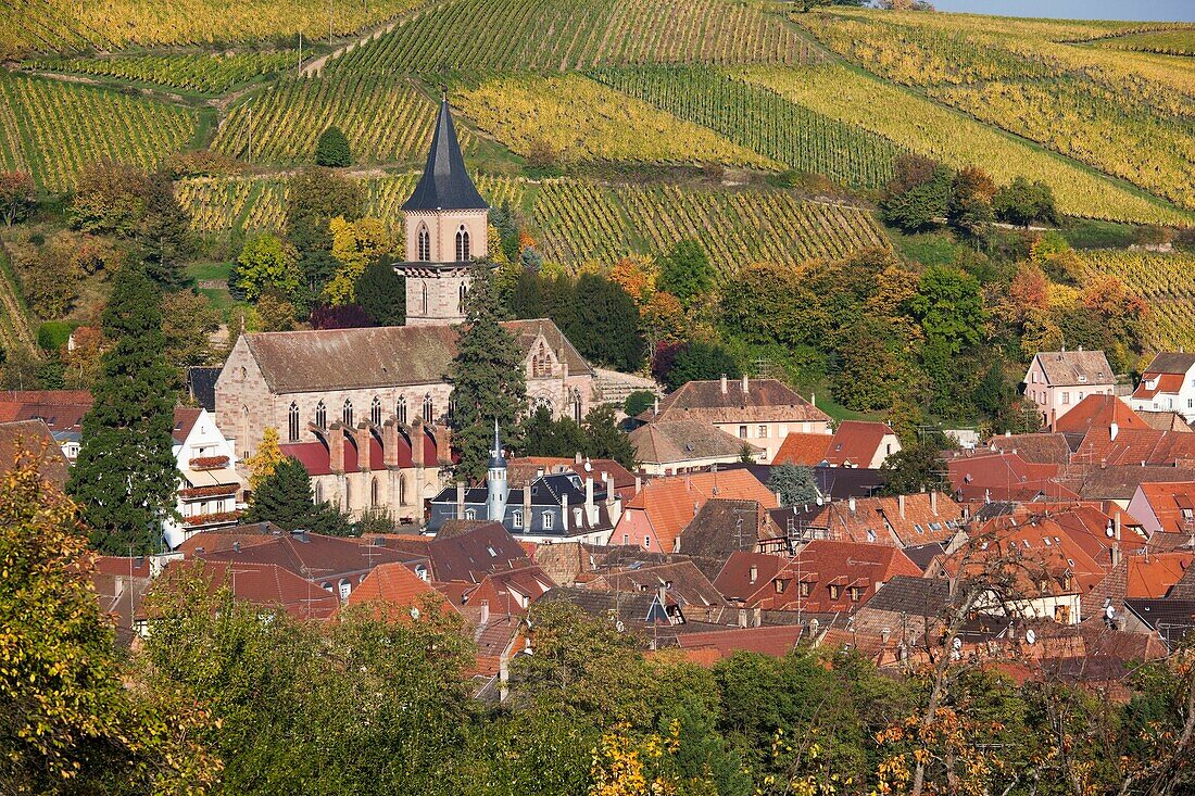 France, Haut-Rhin, Alsace Region, Alasatian Wine Route, Ribeauville, town overview, autumn