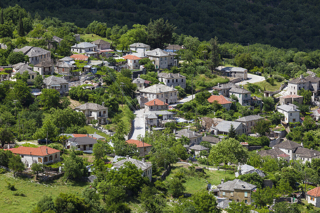 Greece, Epirus Region, Zagorohoria Area, Vikos Gorge, world's deepest gorge, elevated view above the village of Aristi.