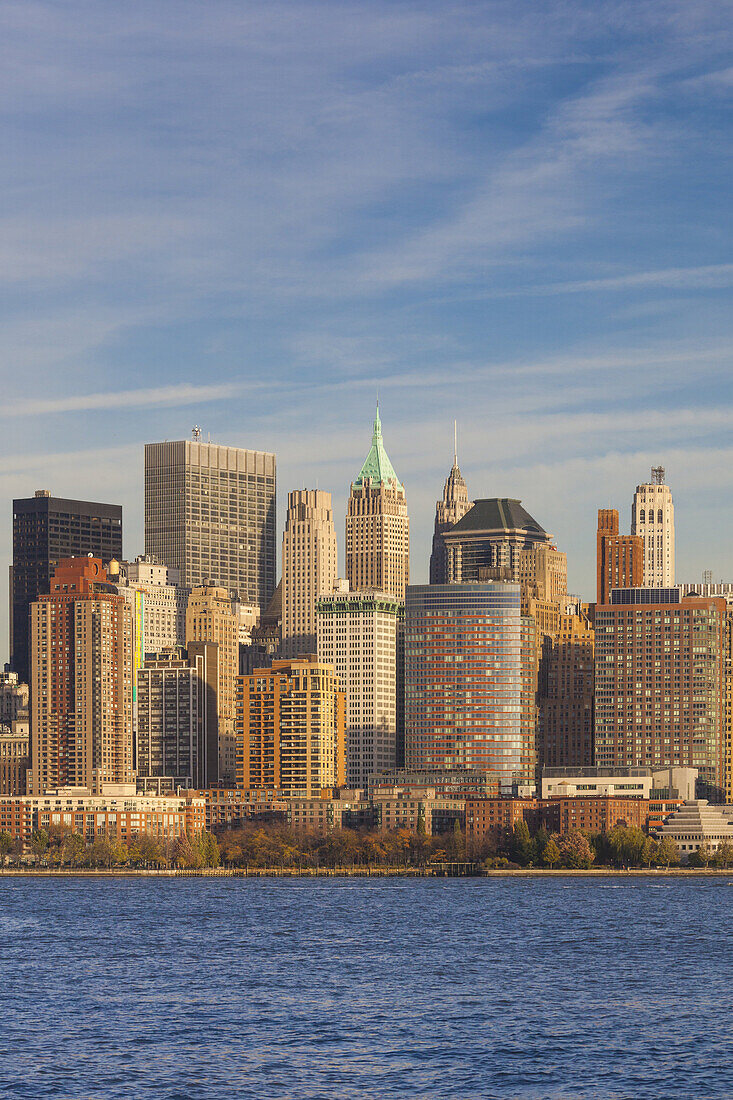 USA, New York, New York City, lower Manhattan skyline from Jersey City, late afternoon.