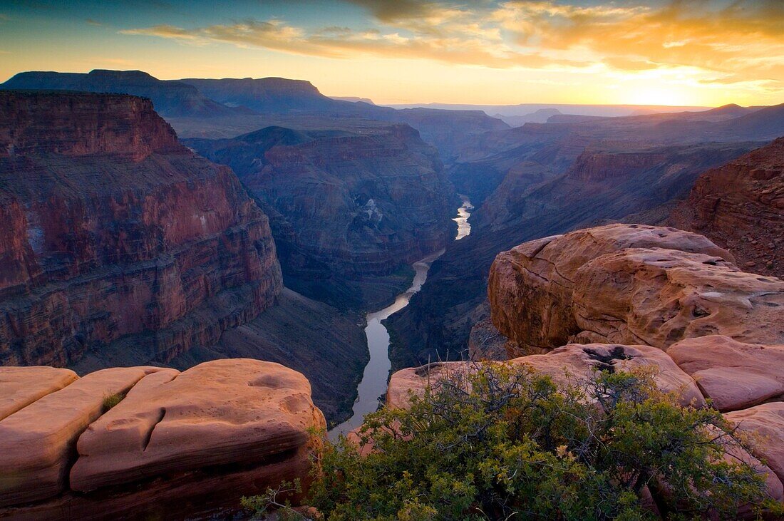 Steep rugged cliffs above the Colorado River at sunset, Toroweap, Grand Canyon National Park, Arizona