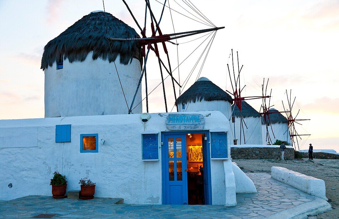 Windmills, Little Venice District, Mykonos Island, Greece.