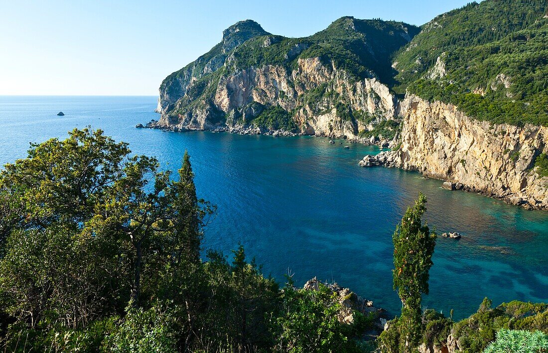 Landscape around the village of Paleokastritsa, Corfu, Ionian Islands, Greece, Mediterranean Sea.