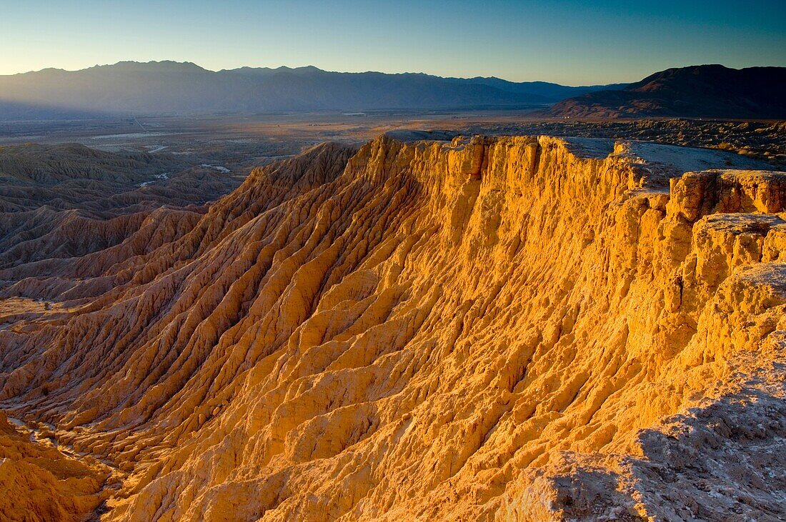Sunset light on eroded hills at the Borrego Badlands, Fonts Point, Anza Borrego Desert State Park, San Diego County, California