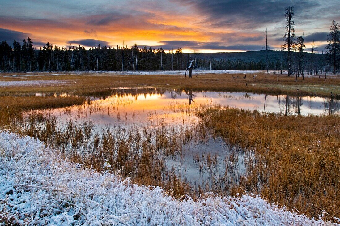 Stormy autumn sunrise reflected in pond near Midway Geyser Basin, Yellowstone National Park, Wyoming