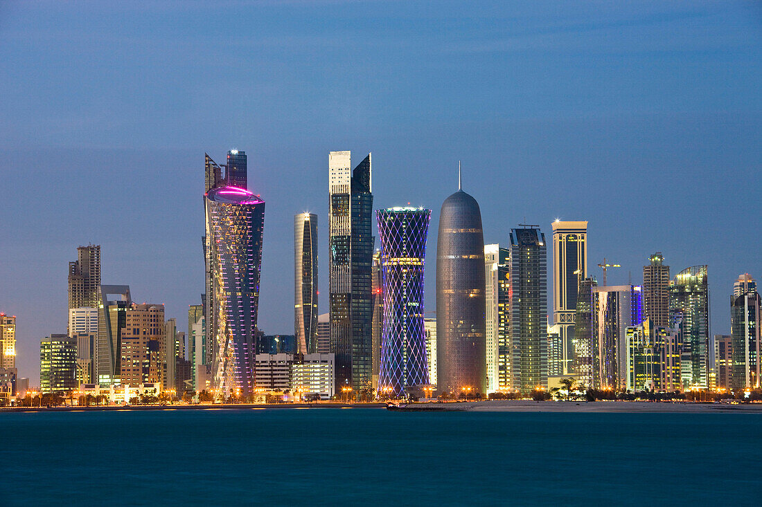 Qatar, UAE, United Arab Emirates, architecture, block of flats, high_rise building, Doha, skyline, blocks of flats, high_rise buildings, buildings, constructions, Corniche, sea, water, traveling, place of interest, landmark