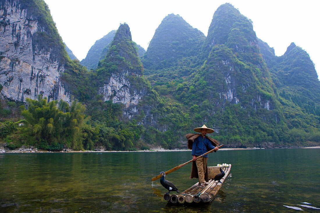 Li River, China, Asia, river, flow, fisherman, boat, bamboo boat, birds, cormorants, mountains, karst, karst landscape, wood, forest,