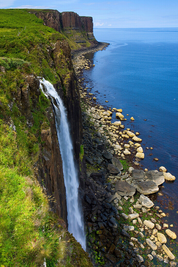 Mealt Falls, Great Britain, Scotland, Europe, island, isle, Skye, sea, coast, steep coast, brook, waterfall, rock, cliff,