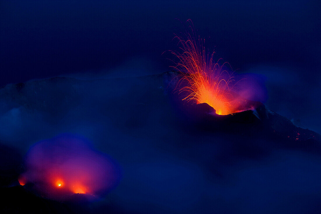 Stromboli, Italy, Europe, Lipari Islands, island, isle, volcano, crater, volcano eruption, eruption, lava, glowing, heat, daybreak, smoke