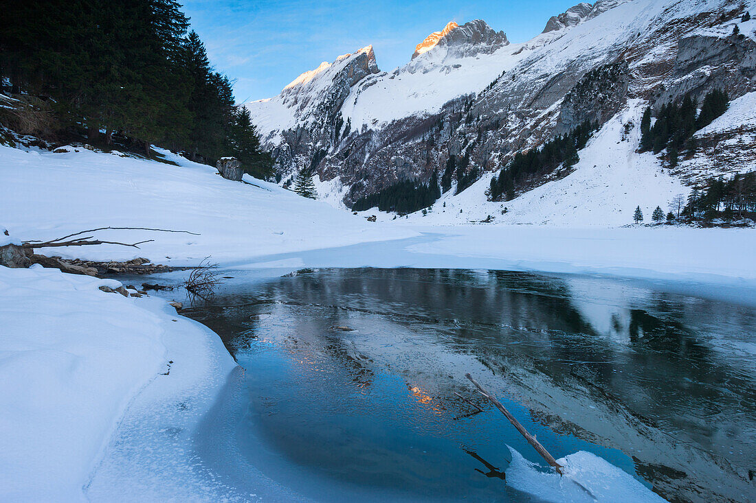 Seealpsee, lake, Switzerland, Europe, canton Appenzell, Appenzell, Innerrhoden, Alpstein, ice, winter, brook, reflection