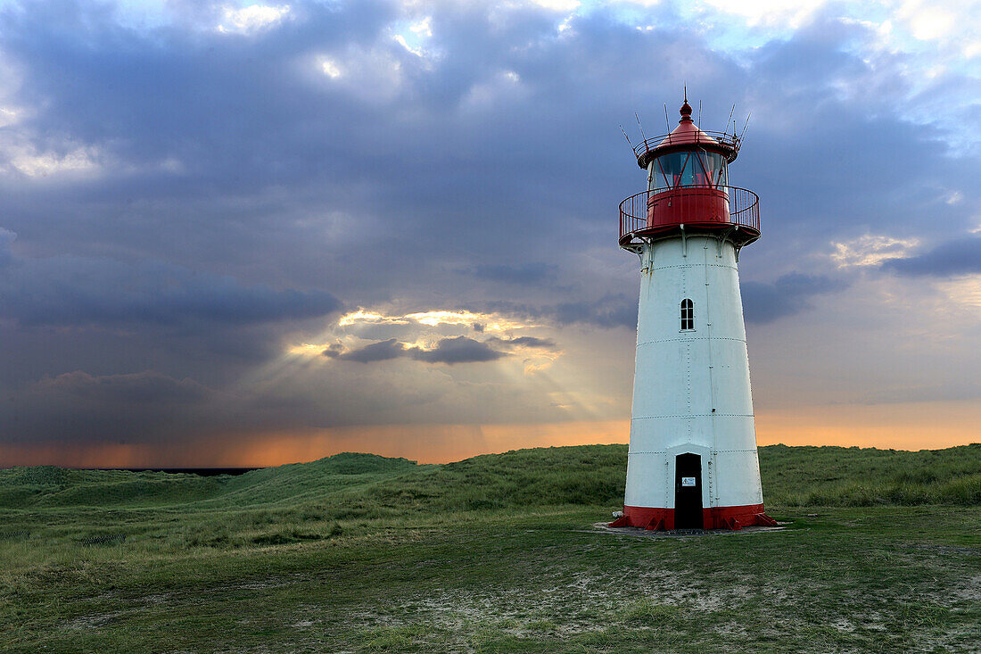 Lighthouse Listg West with dramatic sky, Sylt, North Frisian, Schleswig-Holstein, Germany, Europe.