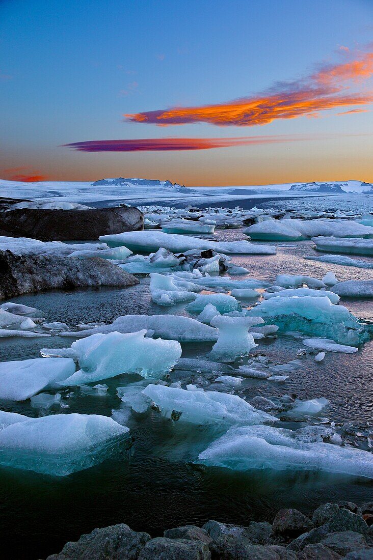 Jökulsárlón is the best known and the largest of a number of glacial lakes in Iceland  It is situated at the south end of the glacier Vatnajökull between Skaftafell National Park and Höfn  Appearing first only in 1934-1935, the lake grew from 7 9 km² in 1