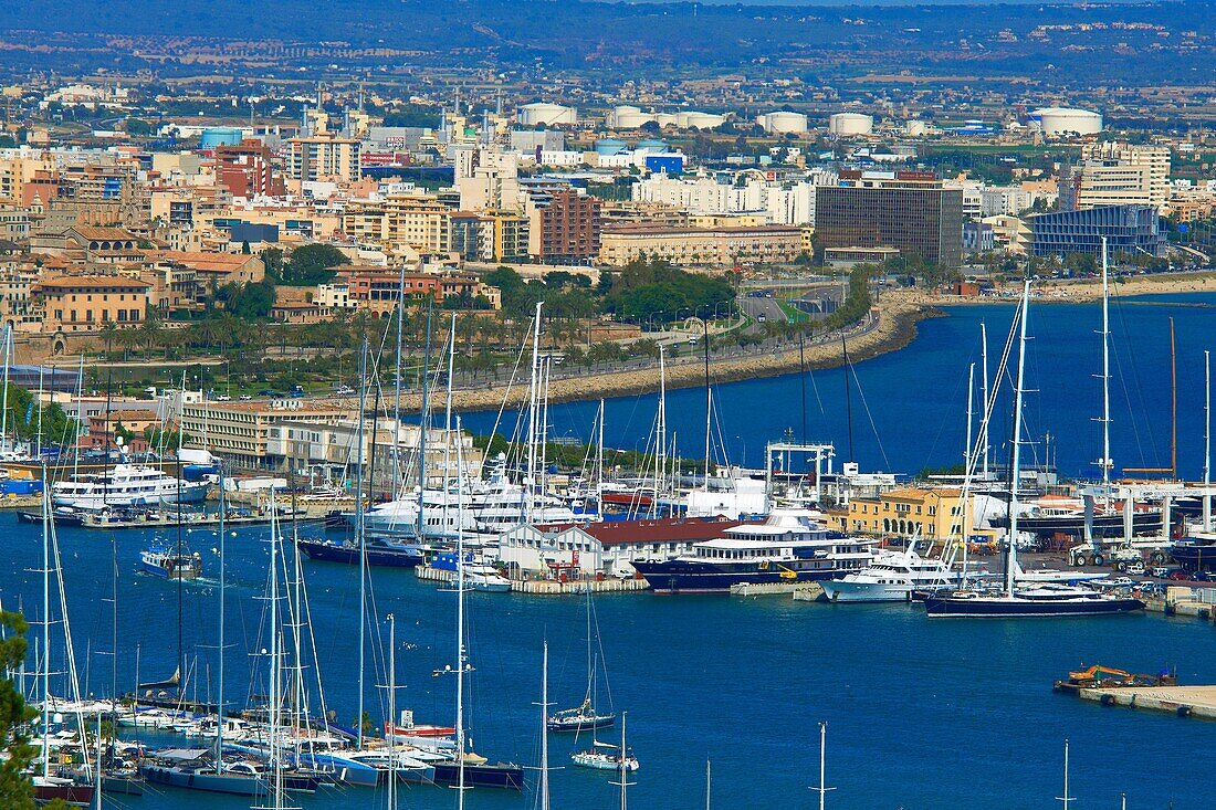 Palma de Mallorca, Harbor bay from Bellver castle, Palma, Majorca, Balearic Islands, Spain, europe.