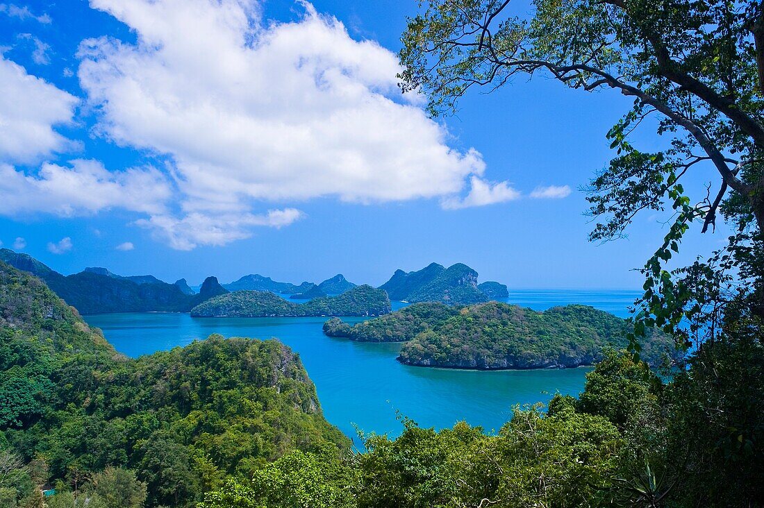 Overview from Ko Wua Talap, one of the islands in the Angthong National Marine Park 42 limestone islands near Koh Samui island, Gulf of Thailand, Thailand