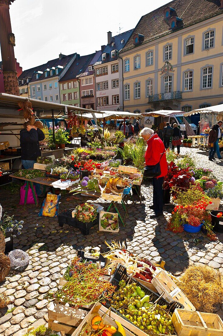 Flower Market outside the Munster Cathedral of Our Lady, Freiburg, Baden-Württemberg, Germany