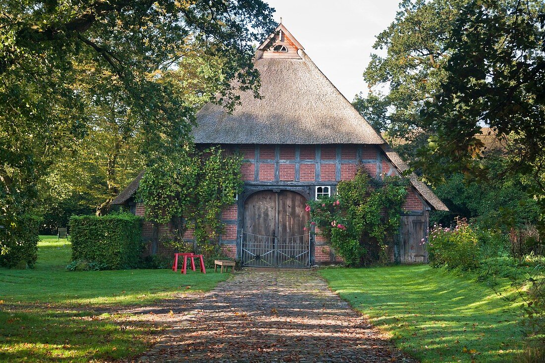 Traditional thatched farmhouse in the picturesque village of Dötlingen, Lower Saxony, Germany, Europe