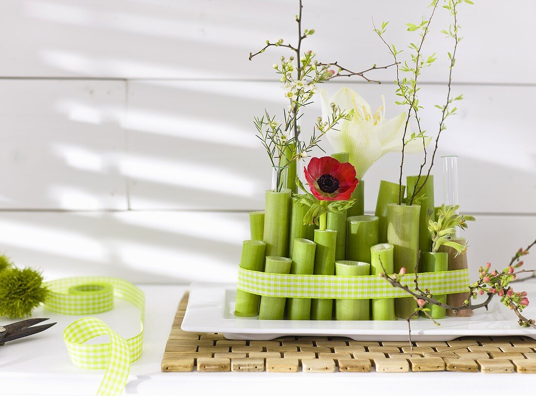 An arrangement of flower stems, poppies, amaryllis and twigs