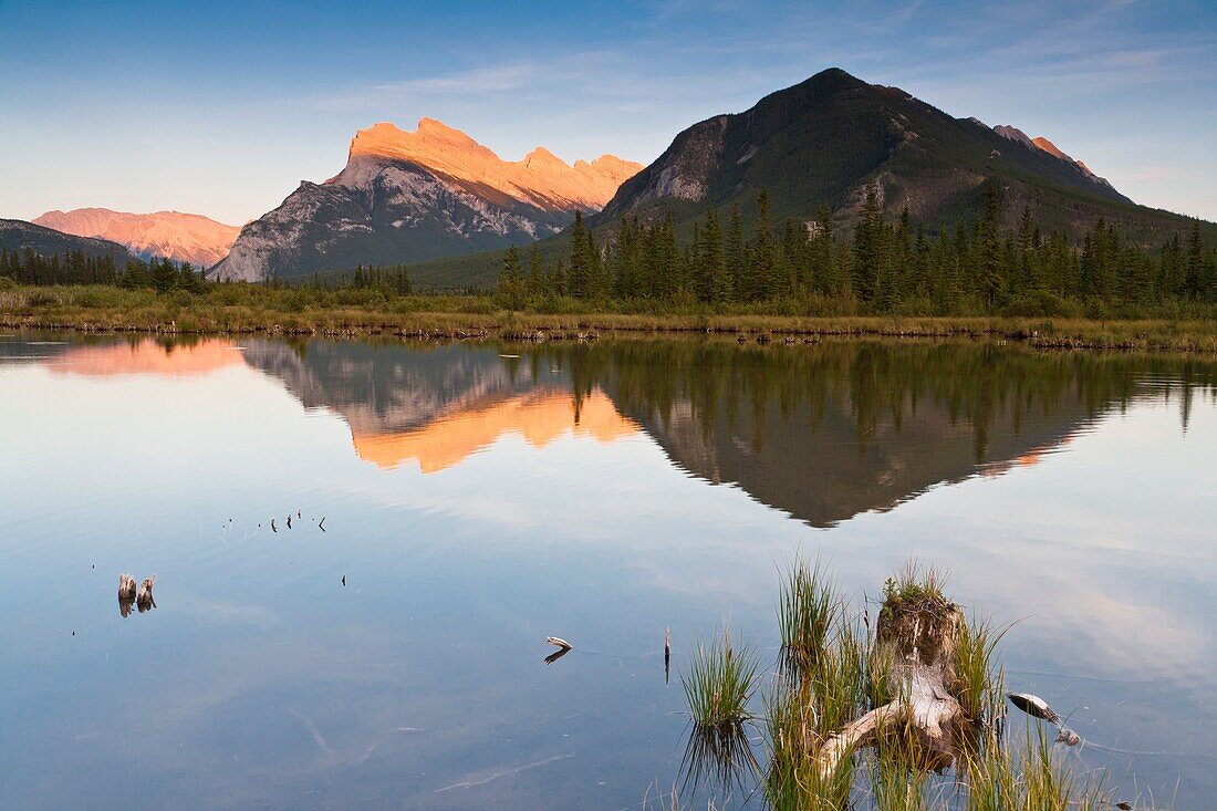 Mount Rundle and First Vermillion Lake at sunset in the Banff National Park, Alberta, Canada