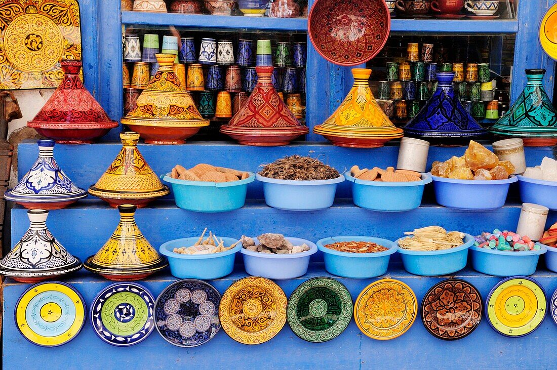 Morocco, Essaouira, Ceramics and Spices for sale in the Medina
