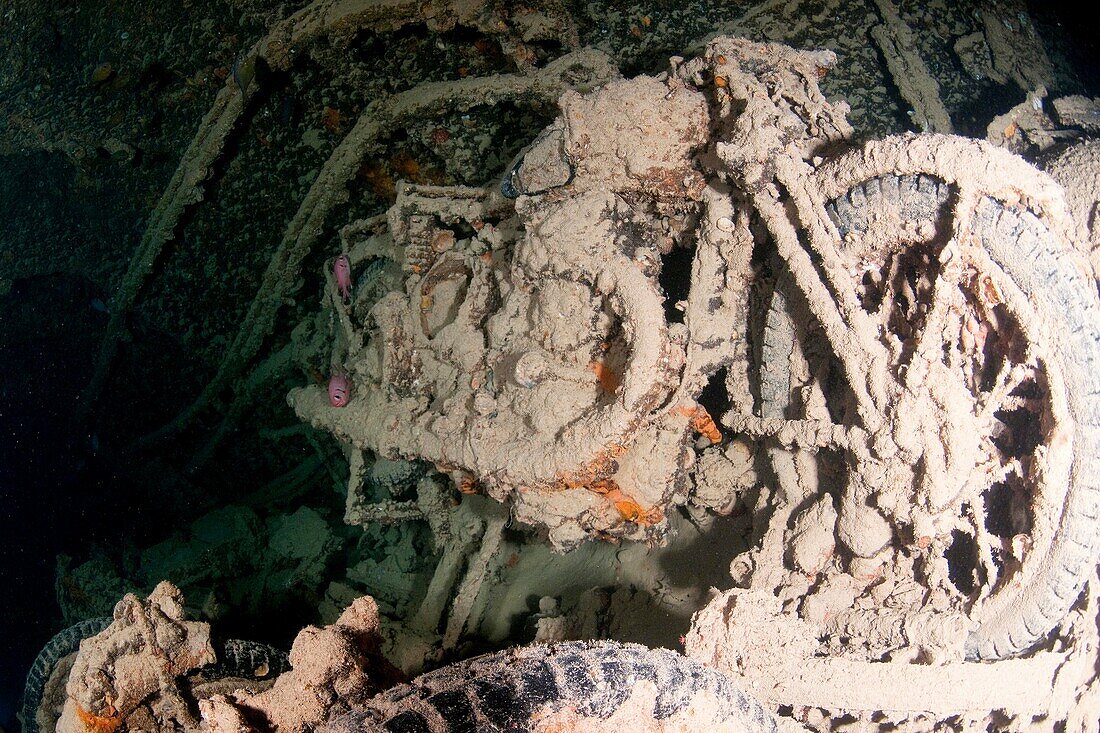 Underwater photography of a sunken ship wreck carrying a cargo of motorcycles  Ras Mohammed National Park, Red Sea, Sinai, Egypt,