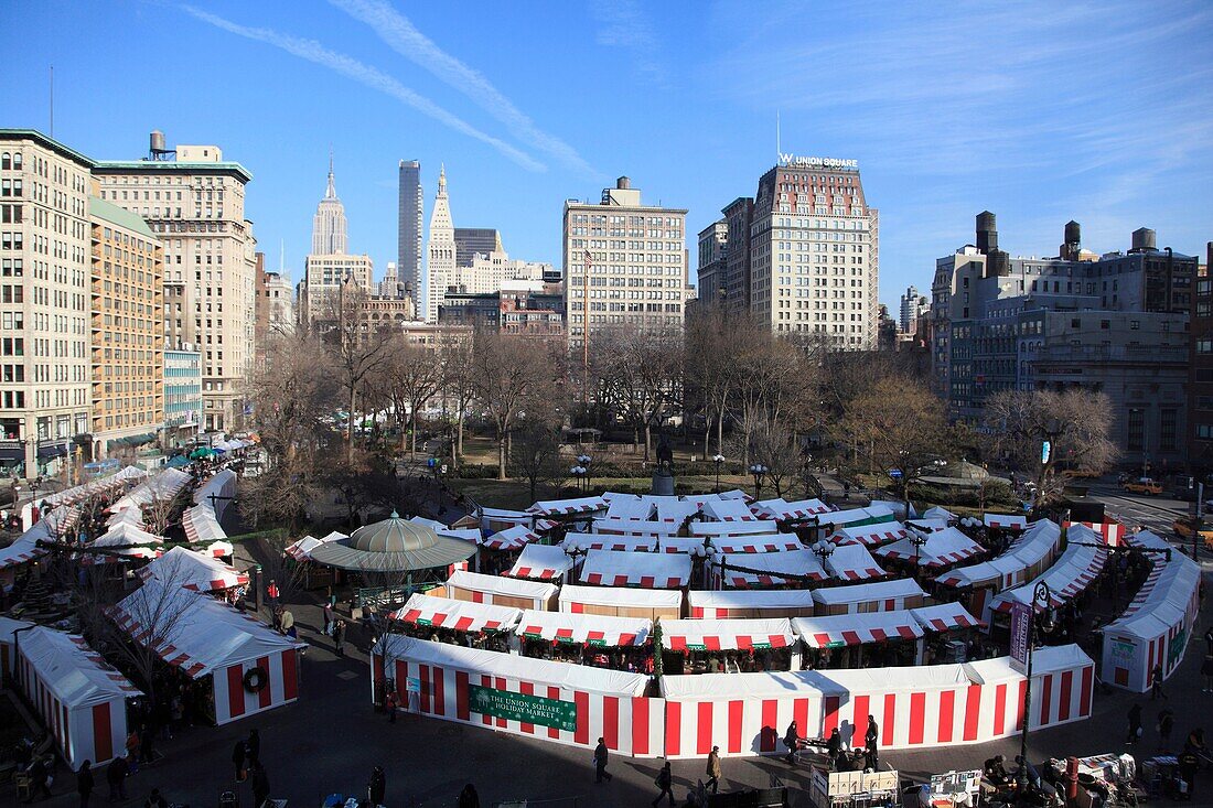 Overview of annual Holiday Market in Union Square, Manhattan, New York City  The market is held during Christmastime every year