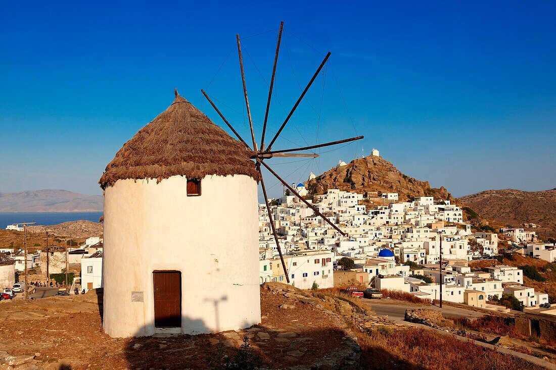 The Windmills overlooking Chora town  Ios Cylcades Islands, Greece