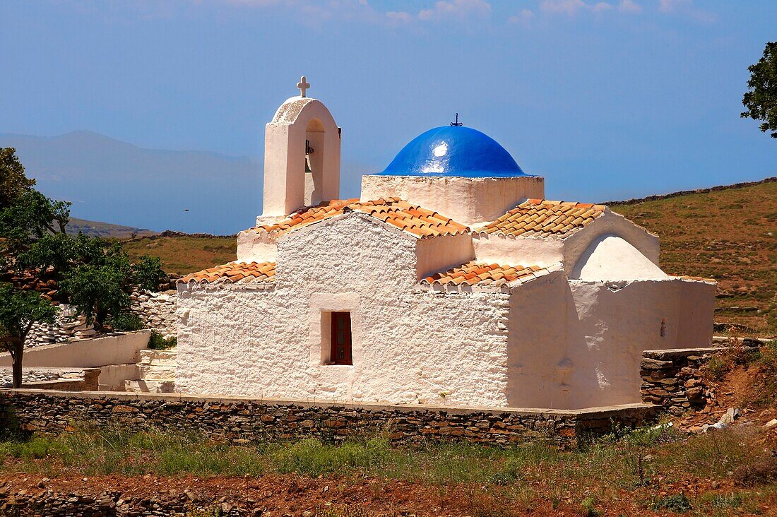 Exterior of the rare 12th Century Greek Orthodox Byzantine Church of the Ayioi Apstoloi  pst, Holy Apostles Katomeria, Kea, Greek Cyclades Islands