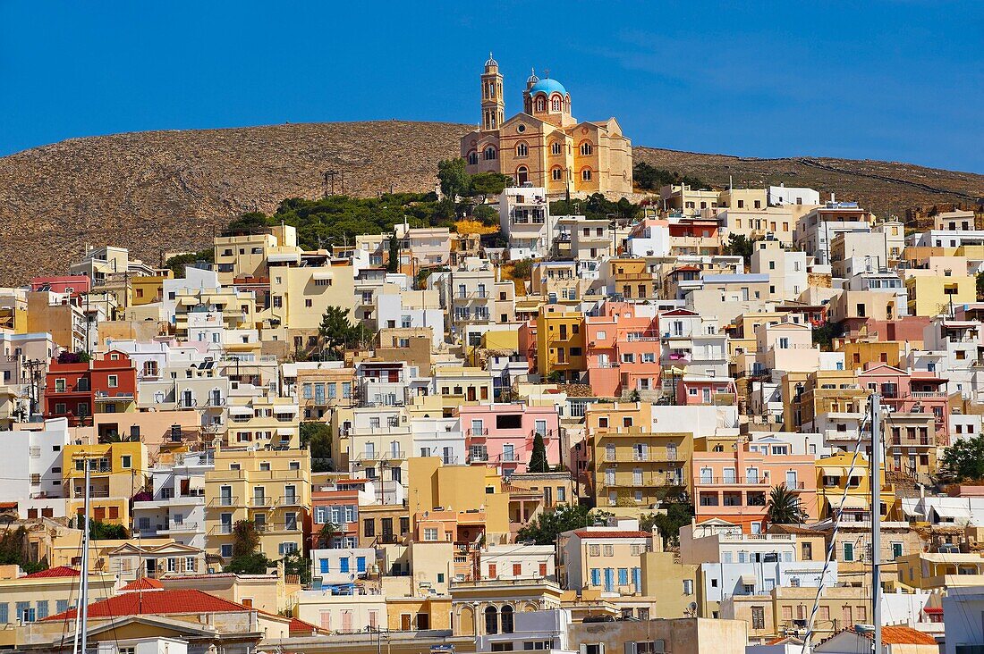 Ermoupolis lookint towards the Greek Orthodox Church of Anastasis built in 1870 on the top of Vrodado Hill, Syros  S  , Greek Cyclades Islands