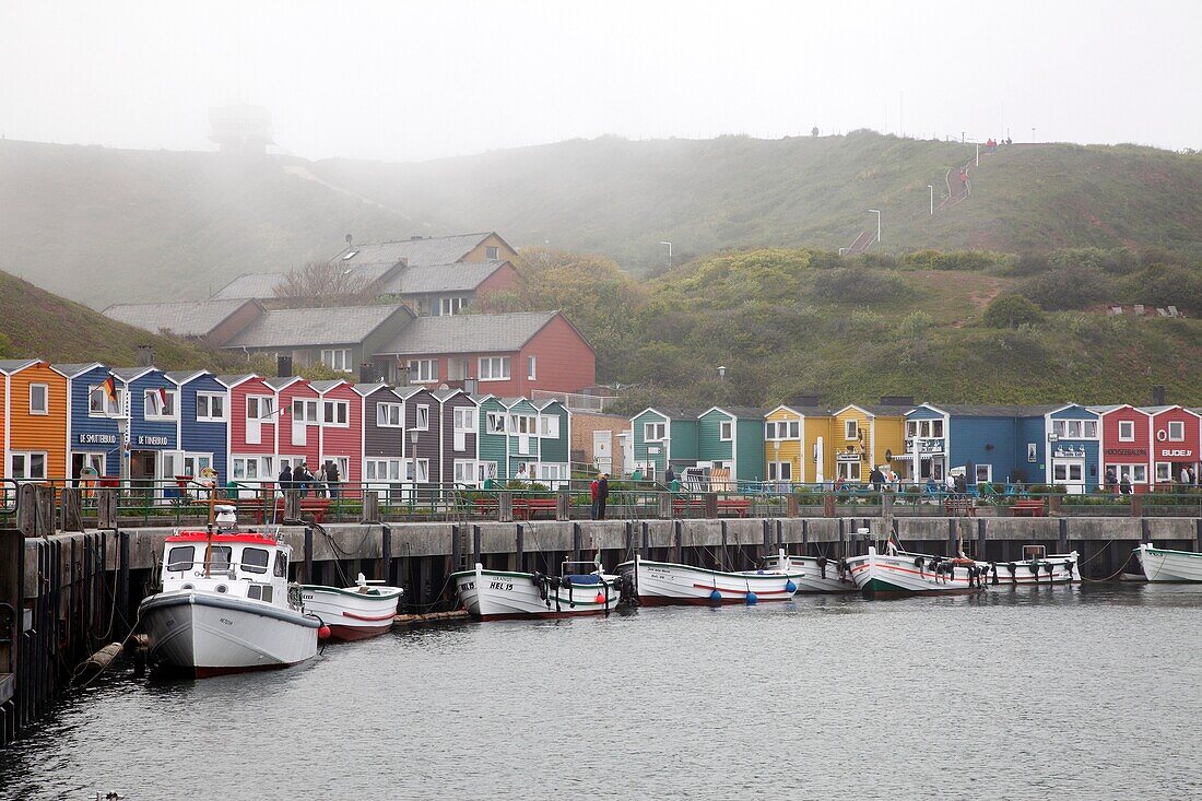 houses and boats in the fog, Heligoland, Schleswig-Holstein, Germany