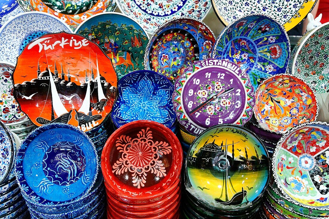 Shop display of painted ceramics inside the Grand Bazaar, Istanbul, Turkey