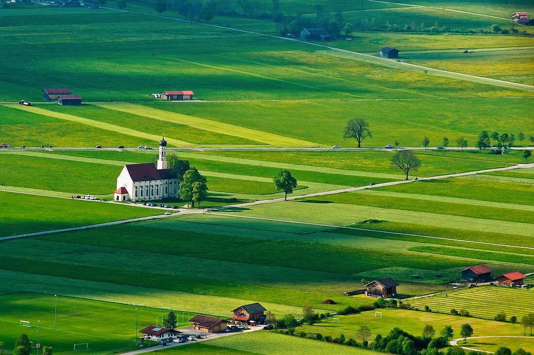 Aerial view of St Coloman pilgrimage church and the Bavarian countryside near the town of Fussen in Germany