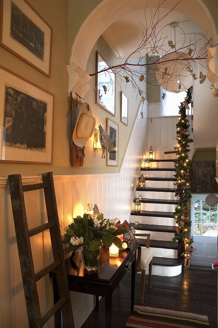 Christmas decorations in a stairway