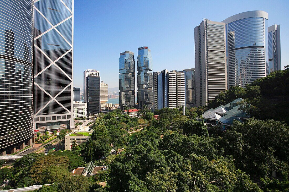 China, Hong Kong, Central District skyscrapers, Hong Kong Park.