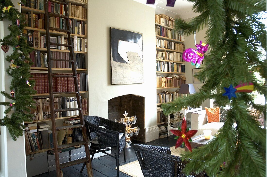 A fireplace room with a bookshelf and a decorated Christmas tree