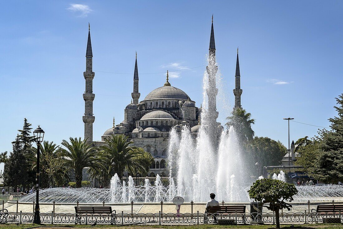The Blue Mosque as seen from the Sultan Ahmed Park during daytime in Istanbul, Turkey.