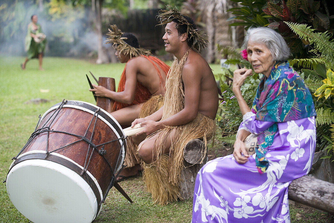 Rarotonga Island. Cook Island. Polynesia. South Pacific Ocean. Highland Paradise Cultural Village. Show in traditional Polynesian dress and drums. Sometimes known as the lost village? Highland Paradise is a cultural feast of Cook Islands entertainment an