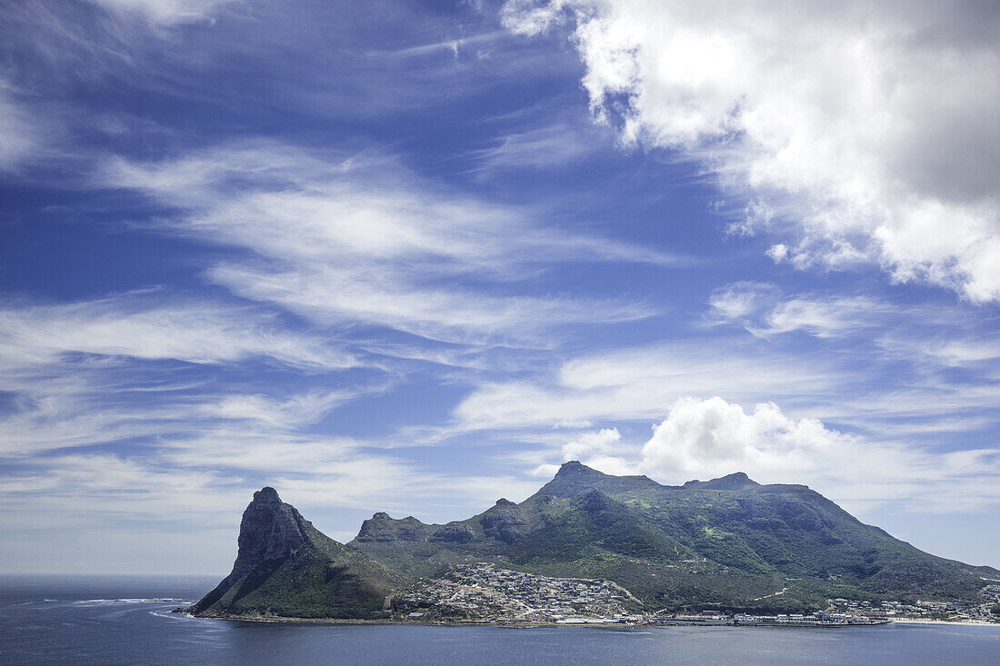 Sentinal Peak and mountains viewed from Chapman's Peak Drive, Atlantic Seaboard, Cape Town, South Africa.