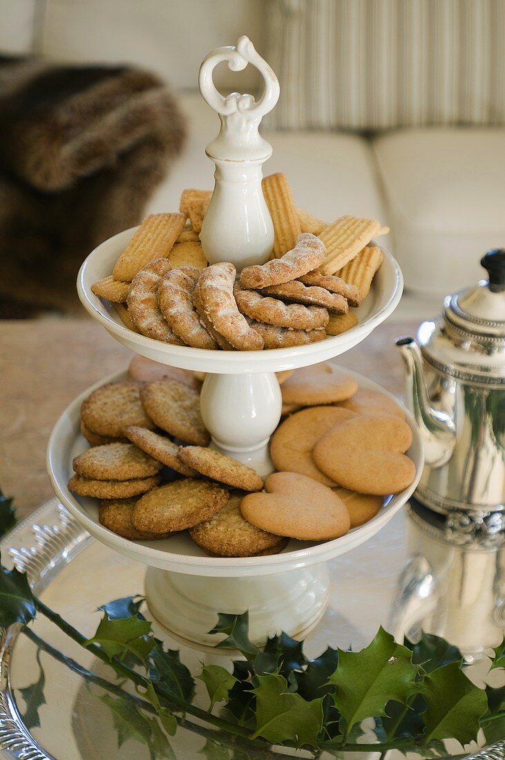 Various type of biscuits on a porcelain stand