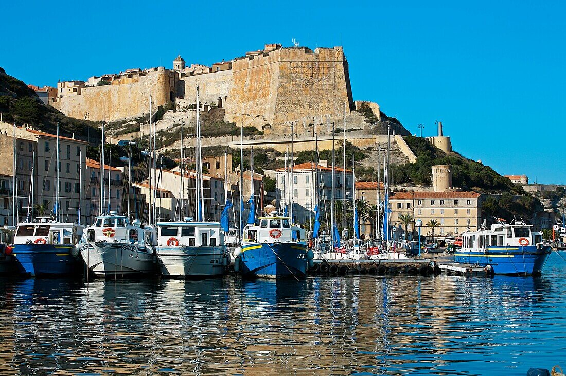 Harbour and citadel in background  Bonifacio, Corsica Island  France