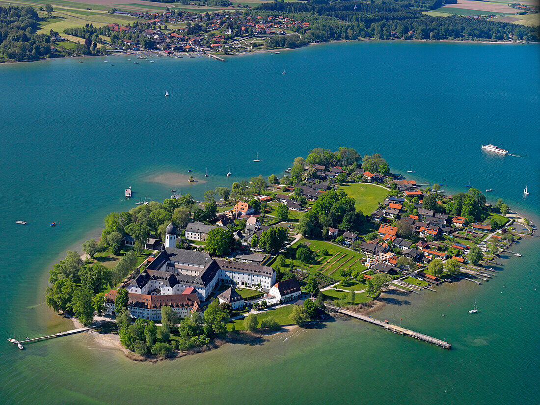 Aerial shot of Fraueninsel with Gstadt am Chiemsee in background, lake Chiemsee, Bavaria, Germany