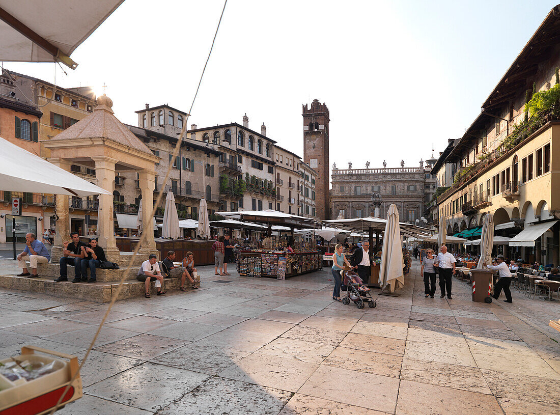 Piazza delle Erbe with Torre del Gardello in background, Verona, Veneto, Italy