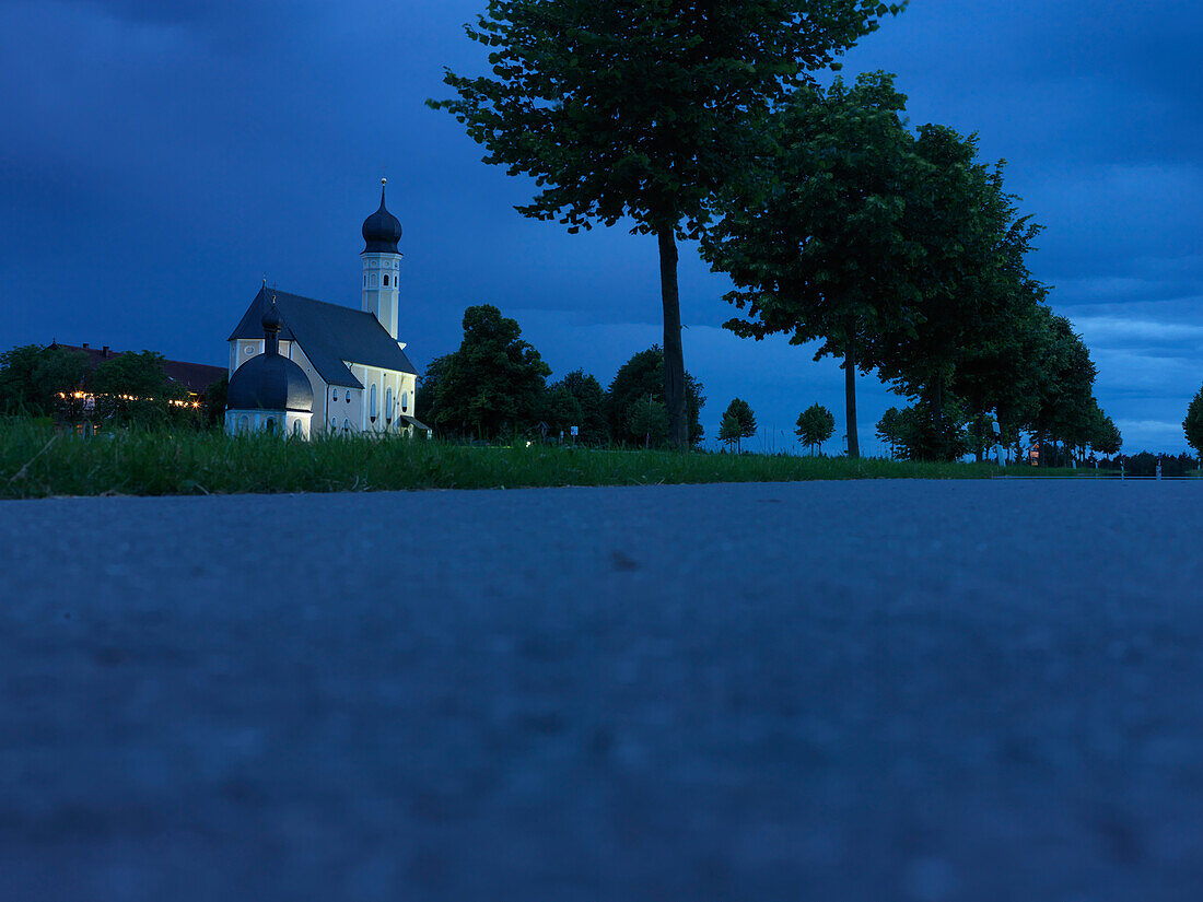 Church of Wilparting at night, Irschenberg, Bavaria, Germany