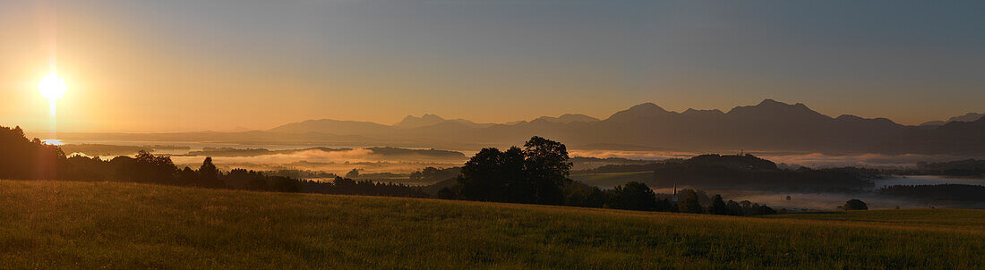 Panoramic view from Ratzinger Hoehe over lake Chiemsee and Chiemgau, Bavaria, Germany