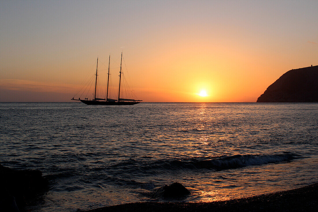Three-masted schooner Atlantic in sunset, La Herradura, Costa Tropical, Andalusia, Spain